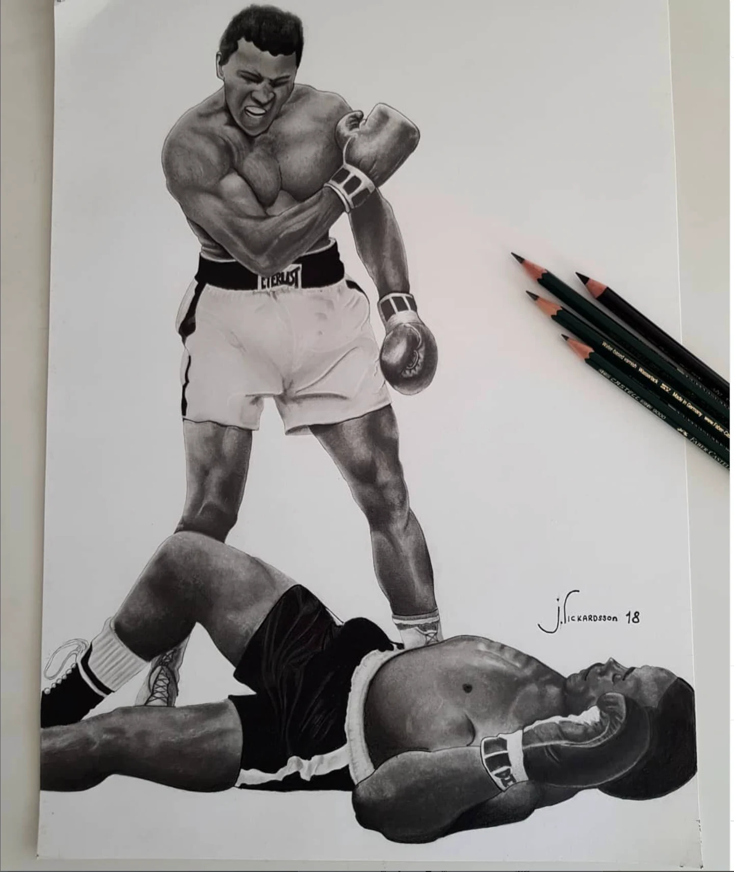 Detailed monochrome drawing of a standing boxer above a fallen opponent.