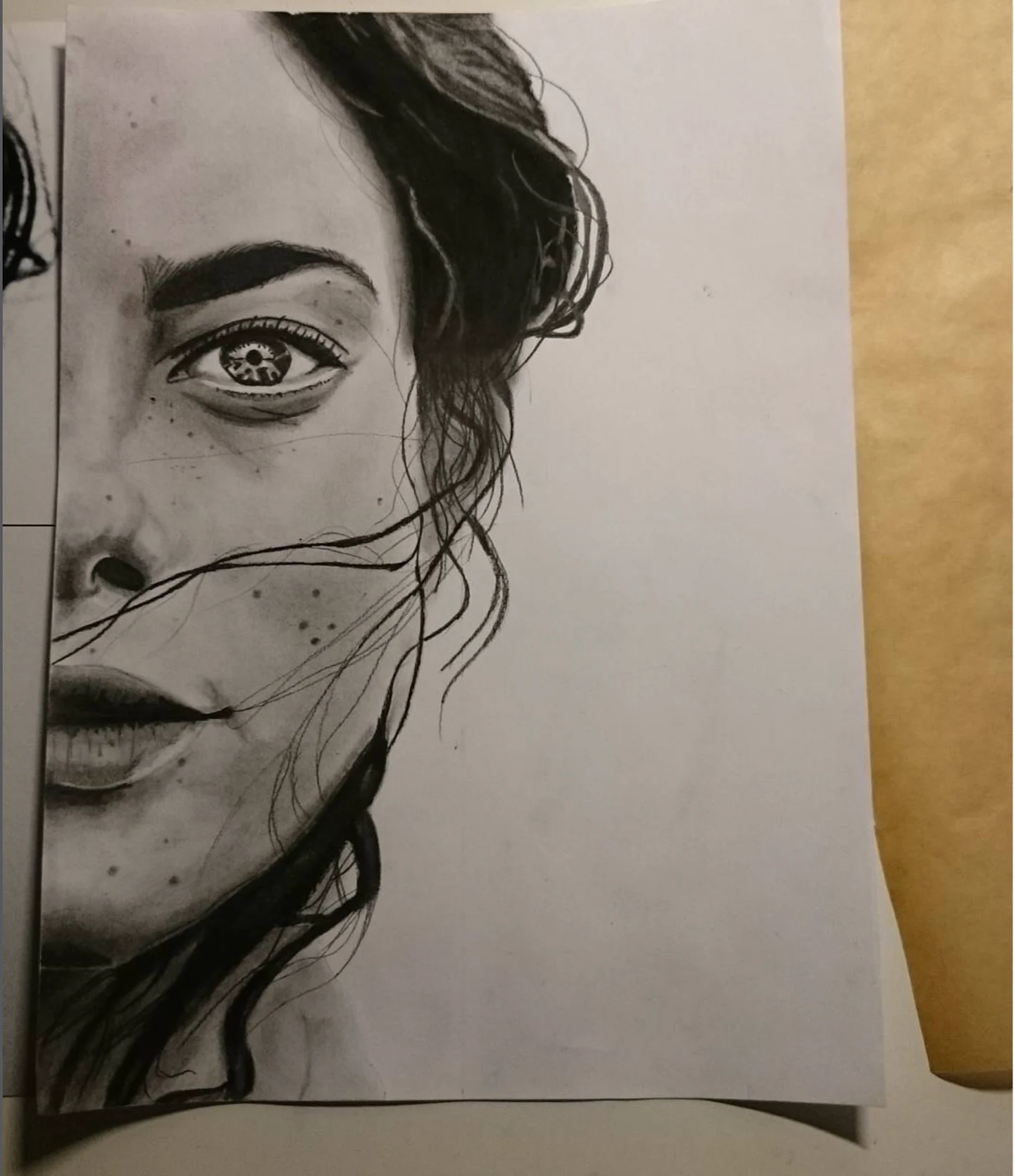 Close-up drawing of half a woman’s face, with fine strands of hair crossing her cheek.