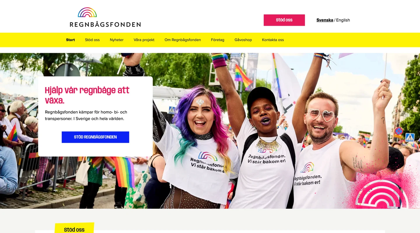 Regnbågsfonden website with a Pride photograph and its support campaign